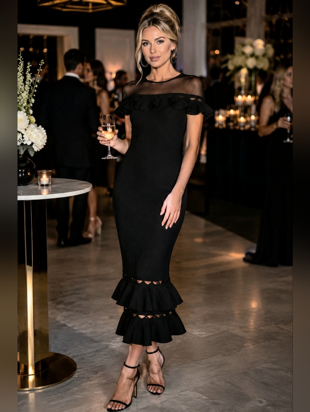 Sachin + Babi Black Ruffle Bodycon Midi Dress with Sheer Yoke